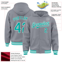 Load image into Gallery viewer, Custom Gray Aqua-White Bomber Full-Snap Varsity Letterman Hoodie Jacket
