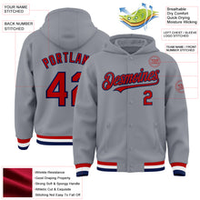 Load image into Gallery viewer, Custom Gray Red-Navy Bomber Full-Snap Varsity Letterman Hoodie Jacket
