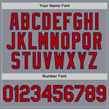 Load image into Gallery viewer, Custom Gray Red-Navy Bomber Full-Snap Varsity Letterman Hoodie Jacket
