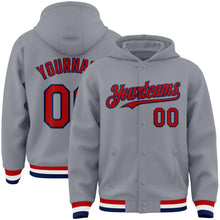 Load image into Gallery viewer, Custom Gray Red-Navy Bomber Full-Snap Varsity Letterman Hoodie Jacket
