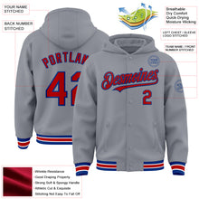 Load image into Gallery viewer, Custom Gray Red-Royal Bomber Full-Snap Varsity Letterman Hoodie Jacket
