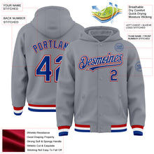 Load image into Gallery viewer, Custom Gray Royal-Red Bomber Full-Snap Varsity Letterman Hoodie Jacket
