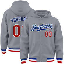 Load image into Gallery viewer, Custom Gray Red-Royal Bomber Full-Snap Varsity Letterman Hoodie Jacket
