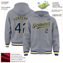 Load image into Gallery viewer, Custom Gray Royal-Yellow Bomber Full-Snap Varsity Letterman Hoodie Jacket
