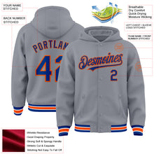 Load image into Gallery viewer, Custom Gray Royal-Orange Bomber Full-Snap Varsity Letterman Hoodie Jacket
