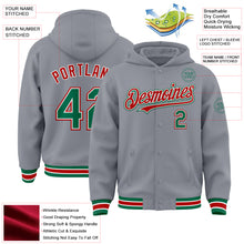 Load image into Gallery viewer, Custom Gray Kelly Green-Red Bomber Full-Snap Varsity Letterman Hoodie Jacket
