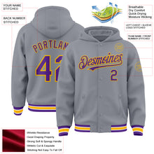 Load image into Gallery viewer, Custom Gray Purple-Gold Bomber Full-Snap Varsity Letterman Hoodie Jacket
