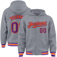 Load image into Gallery viewer, Custom Gray Purple-Orange Bomber Full-Snap Varsity Letterman Hoodie Jacket
