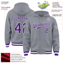 Load image into Gallery viewer, Custom Gray Purple-White Bomber Full-Snap Varsity Letterman Hoodie Jacket

