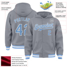 Load image into Gallery viewer, Custom Gray Light Blue-White Bomber Full-Snap Varsity Letterman Hoodie Jacket
