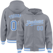 Load image into Gallery viewer, Custom Gray Light Blue-White Bomber Full-Snap Varsity Letterman Hoodie Jacket
