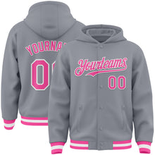 Load image into Gallery viewer, Custom Gray Pink-White Bomber Full-Snap Varsity Letterman Hoodie Jacket
