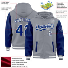 Load image into Gallery viewer, Custom Gray Royal-White Bomber Full-Snap Varsity Letterman Two Tone Hoodie Jacket
