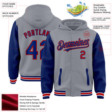 Load image into Gallery viewer, Custom Gray Royal-Red Bomber Full-Snap Varsity Letterman Two Tone Hoodie Jacket
