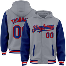 Load image into Gallery viewer, Custom Gray Royal-Red Bomber Full-Snap Varsity Letterman Two Tone Hoodie Jacket

