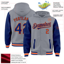 Load image into Gallery viewer, Custom Gray Royal-Orange Bomber Full-Snap Varsity Letterman Two Tone Hoodie Jacket
