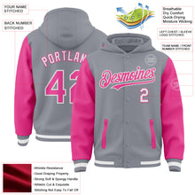 Load image into Gallery viewer, Custom Gray Pink-White Bomber Full-Snap Varsity Letterman Two Tone Hoodie Jacket
