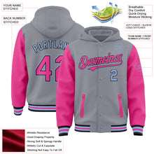 Load image into Gallery viewer, Custom Gray Pink Black-Light Blue Bomber Full-Snap Varsity Letterman Two Tone Hoodie Jacket
