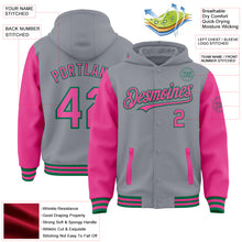 Load image into Gallery viewer, Custom Gray Pink-Kelly Green Bomber Full-Snap Varsity Letterman Two Tone Hoodie Jacket
