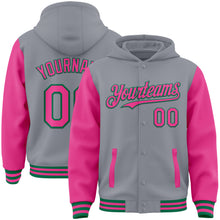 Load image into Gallery viewer, Custom Gray Pink-Kelly Green Bomber Full-Snap Varsity Letterman Two Tone Hoodie Jacket
