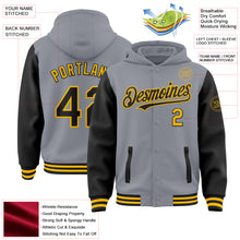 Load image into Gallery viewer, Custom Gray Black-Gold Bomber Full-Snap Varsity Letterman Two Tone Hoodie Jacket
