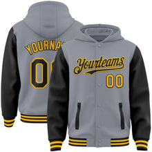 Load image into Gallery viewer, Custom Gray Black-Gold Bomber Full-Snap Varsity Letterman Two Tone Hoodie Jacket
