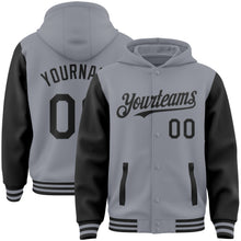 Load image into Gallery viewer, Custom Gray Black Bomber Full-Snap Varsity Letterman Two Tone Hoodie Jacket
