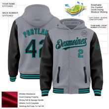 Load image into Gallery viewer, Custom Gray Black-Teal Bomber Full-Snap Varsity Letterman Two Tone Hoodie Jacket

