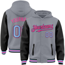 Load image into Gallery viewer, Custom Gray Light Blue Black-Pink Bomber Full-Snap Varsity Letterman Two Tone Hoodie Jacket
