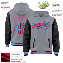 Load image into Gallery viewer, Custom Gray Sky Blue Black-Pink Bomber Full-Snap Varsity Letterman Two Tone Hoodie Jacket
