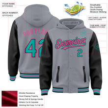 Load image into Gallery viewer, Custom Gray Aqua Black-Pink Bomber Full-Snap Varsity Letterman Two Tone Hoodie Jacket
