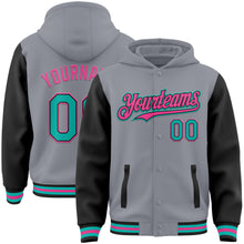 Load image into Gallery viewer, Custom Gray Aqua Black-Pink Bomber Full-Snap Varsity Letterman Two Tone Hoodie Jacket
