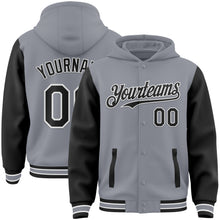 Load image into Gallery viewer, Custom Gray Black-White Bomber Full-Snap Varsity Letterman Two Tone Hoodie Jacket
