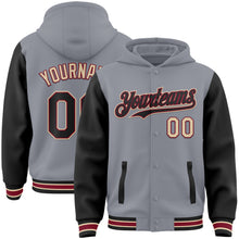 Load image into Gallery viewer, Custom Gray Black Crimson-City Cream Bomber Full-Snap Varsity Letterman Two Tone Hoodie Jacket
