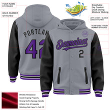 Load image into Gallery viewer, Custom Gray Purple-Black Bomber Full-Snap Varsity Letterman Two Tone Hoodie Jacket
