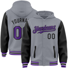 Load image into Gallery viewer, Custom Gray Purple-Black Bomber Full-Snap Varsity Letterman Two Tone Hoodie Jacket
