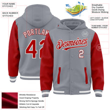 Load image into Gallery viewer, Custom Gray Red-White Bomber Full-Snap Varsity Letterman Two Tone Hoodie Jacket
