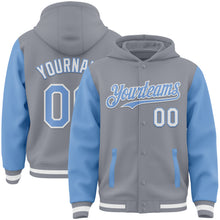 Load image into Gallery viewer, Custom Gray Light Blue-White Bomber Full-Snap Varsity Letterman Two Tone Hoodie Jacket
