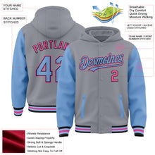 Load image into Gallery viewer, Custom Gray Light Blue Black-Pink Bomber Full-Snap Varsity Letterman Two Tone Hoodie Jacket
