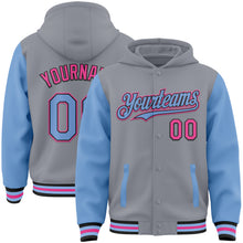 Load image into Gallery viewer, Custom Gray Light Blue Black-Pink Bomber Full-Snap Varsity Letterman Two Tone Hoodie Jacket
