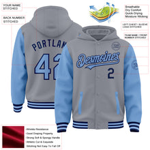Load image into Gallery viewer, Custom Gray Light Blue-Navy Bomber Full-Snap Varsity Letterman Two Tone Hoodie Jacket
