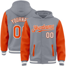 Load image into Gallery viewer, Custom Gray Orange-White Bomber Full-Snap Varsity Letterman Two Tone Hoodie Jacket
