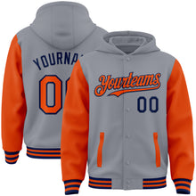 Load image into Gallery viewer, Custom Gray Orange-Navy Bomber Full-Snap Varsity Letterman Two Tone Hoodie Jacket
