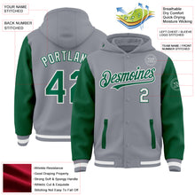 Load image into Gallery viewer, Custom Gray Kelly Green-White Bomber Full-Snap Varsity Letterman Two Tone Hoodie Jacket
