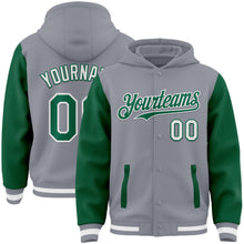 Load image into Gallery viewer, Custom Gray Kelly Green-White Bomber Full-Snap Varsity Letterman Two Tone Hoodie Jacket
