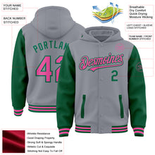 Load image into Gallery viewer, Custom Gray Pink-Kelly Green Bomber Full-Snap Varsity Letterman Two Tone Hoodie Jacket
