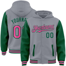 Load image into Gallery viewer, Custom Gray Pink-Kelly Green Bomber Full-Snap Varsity Letterman Two Tone Hoodie Jacket
