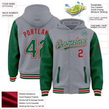 Load image into Gallery viewer, Custom Gray Kelly Green-Red Bomber Full-Snap Varsity Letterman Two Tone Hoodie Jacket
