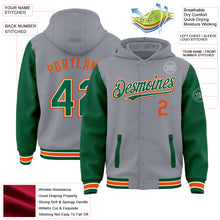 Load image into Gallery viewer, Custom Gray Kelly Green-Orange Bomber Full-Snap Varsity Letterman Two Tone Hoodie Jacket
