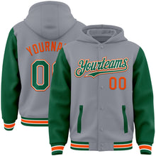 Load image into Gallery viewer, Custom Gray Kelly Green-Orange Bomber Full-Snap Varsity Letterman Two Tone Hoodie Jacket
